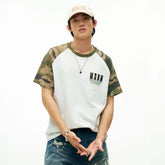 MEDM 冚 Car line raglan sleeves leopard print leather casual short sleeves American retro contrasting shoulder loose men's and women's T-shirts