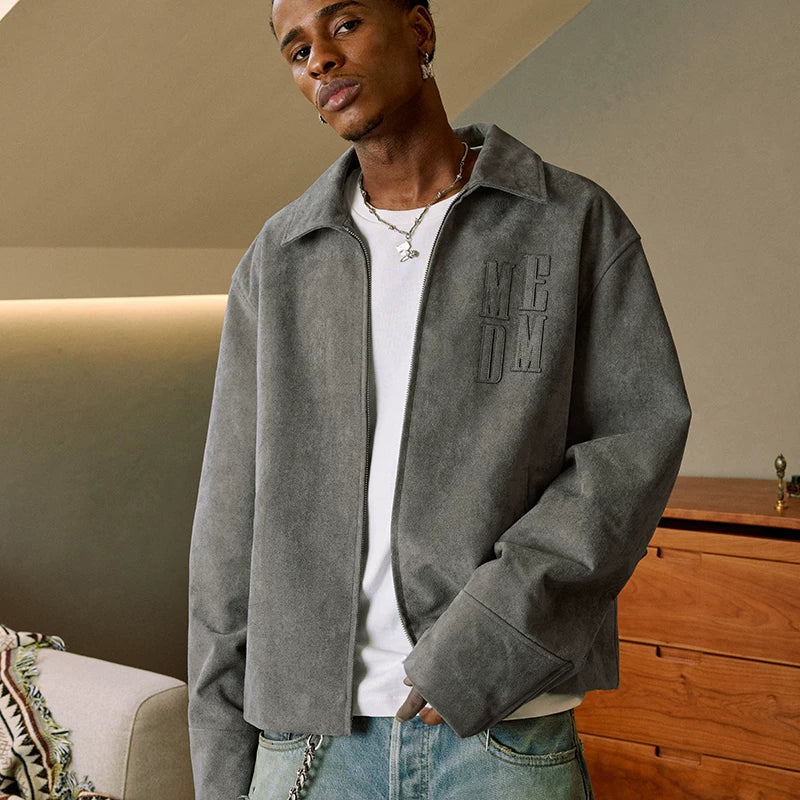 MEDM suede patch embroidered casual lapel jacket men's American retro jacket spring and autumn short clothes on top
