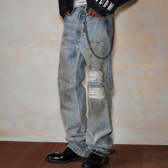 MEDM washed, worn, pasted fabric, ethnic style, casual denim pants, trendy brand, street loose straight leg ripped pants, autumn