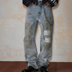 MEDM washed, worn, pasted fabric, ethnic style, casual denim pants, trendy brand, street loose straight leg ripped pants, autumn