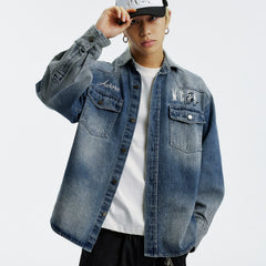 MEDM classic basic letter embroidery casual lapel washed denim jacket trendy retro handsome jacket for men