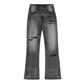 MEDM bamboo striped denim with heavily worn leather, patchwork horsehair, micro flared jeans, washed and worn casual pants for men