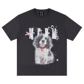 MEDM color rhinestone washed puppy print casual round neck short sleeved American retro heavy-duty loose T-shirt