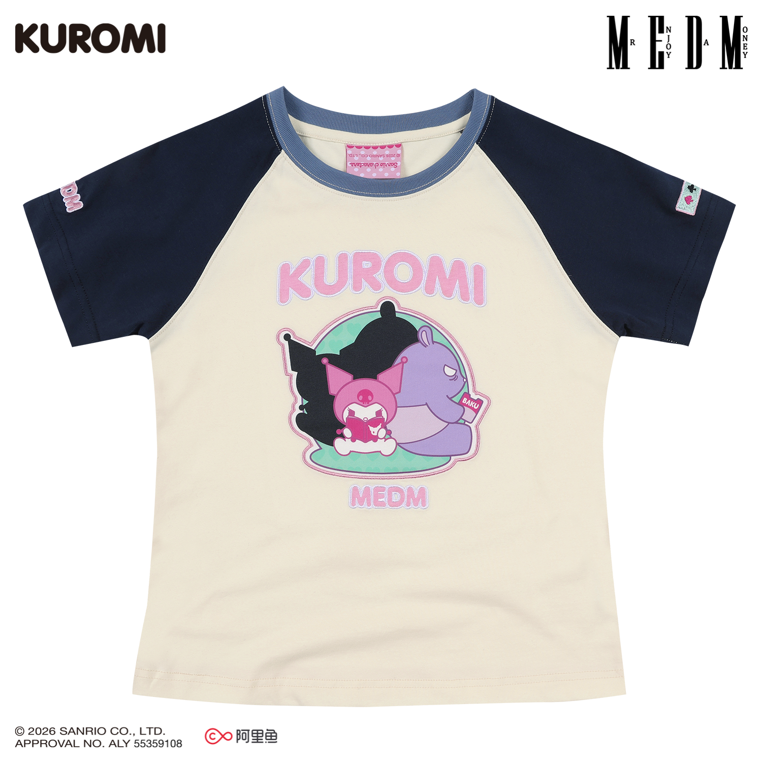 MEDM × Sanrio Family Series Color blocked Cool Lomi Pattern Printed Shoulder Short Sleeve Cute Sweet Girl T-shirt Female