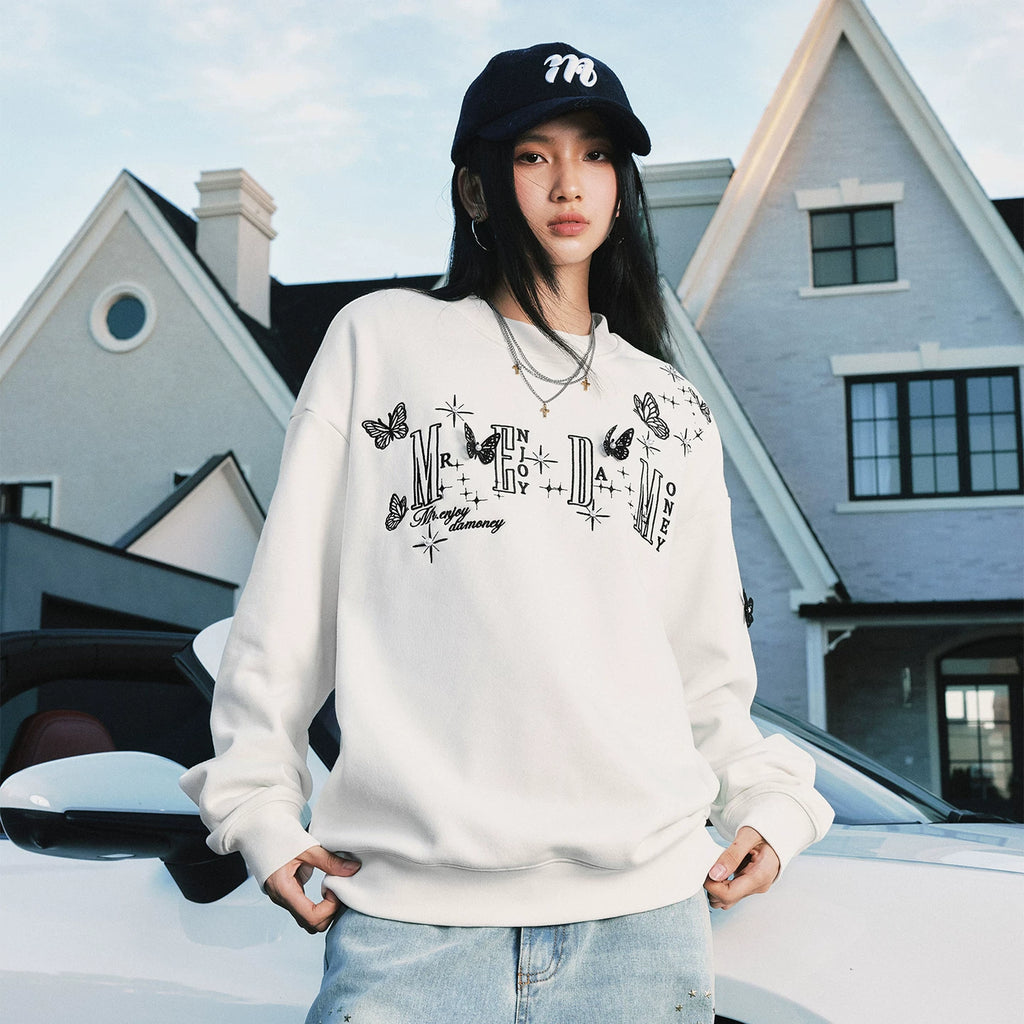 MEDM's new three-dimensional butterfly casual round neck hoodie for spring and autumn, American style loose couple pullover with fleece top for men