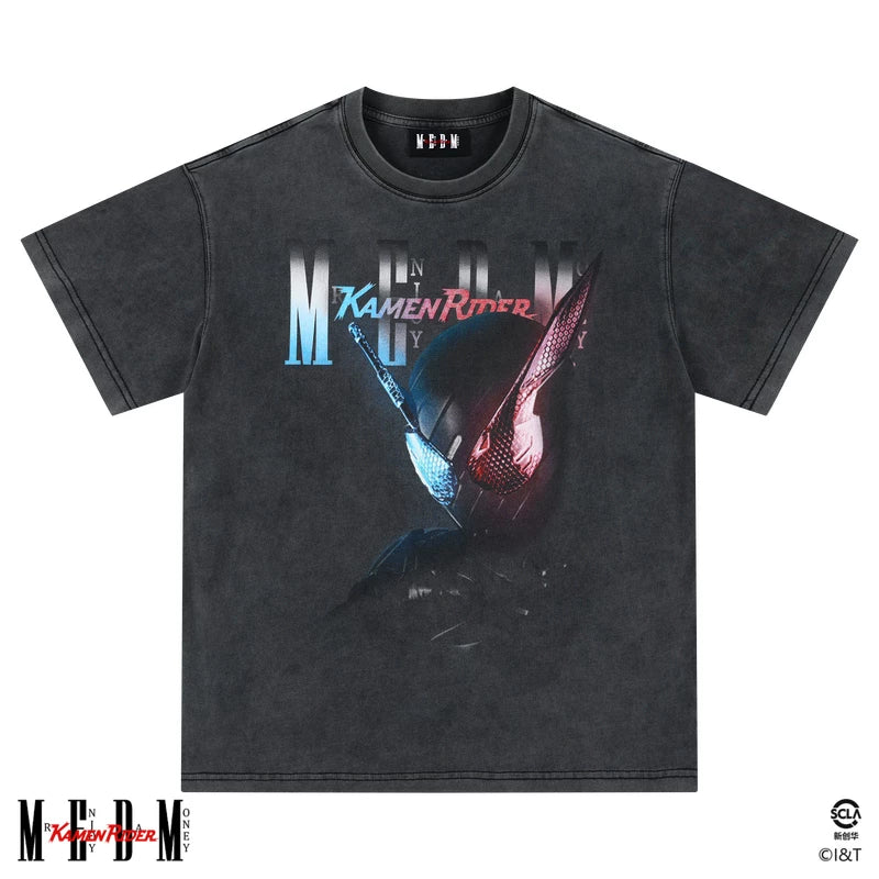 MEDMx Kamen Rider Collaboration - Half body Printed Cotton Washed Outdated Casual Short Sleeve Men's Round Neck T-shirt