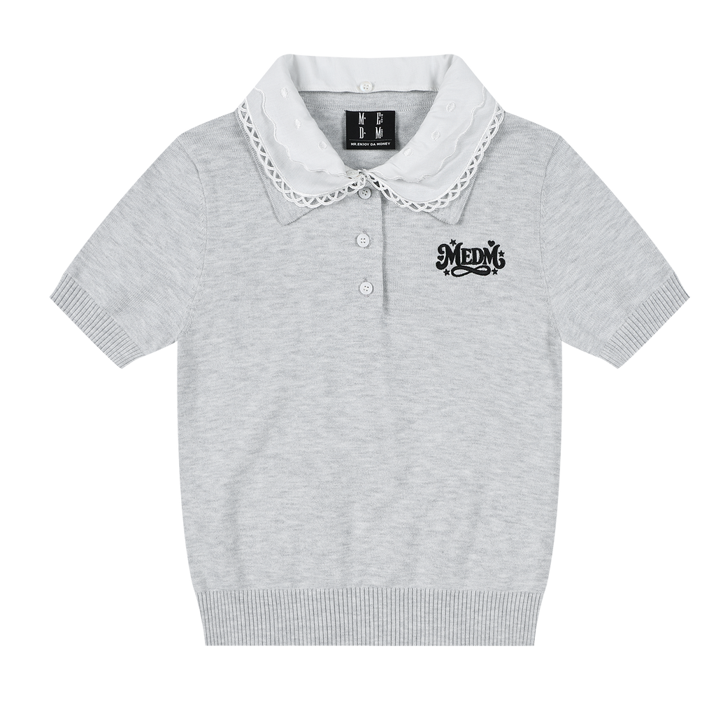 MEDM detachable lace collar casual knitted polo shirt simple and versatile sweet cool style loose short sleeved summer women
