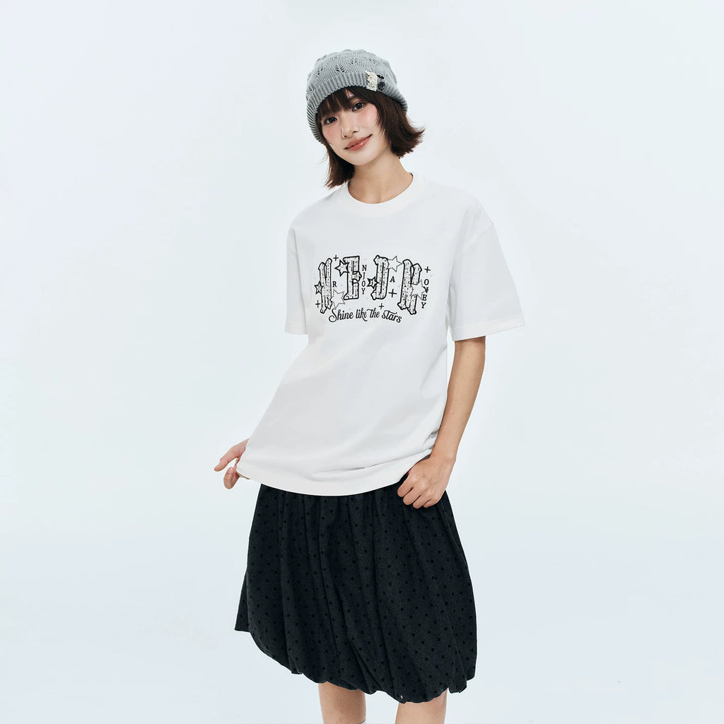 MEDM Little Fragrance Patch Logo Star Pearl Nail Embroidery Casual Short Sleeve Loose Round Neck Couple T-shirt Summer