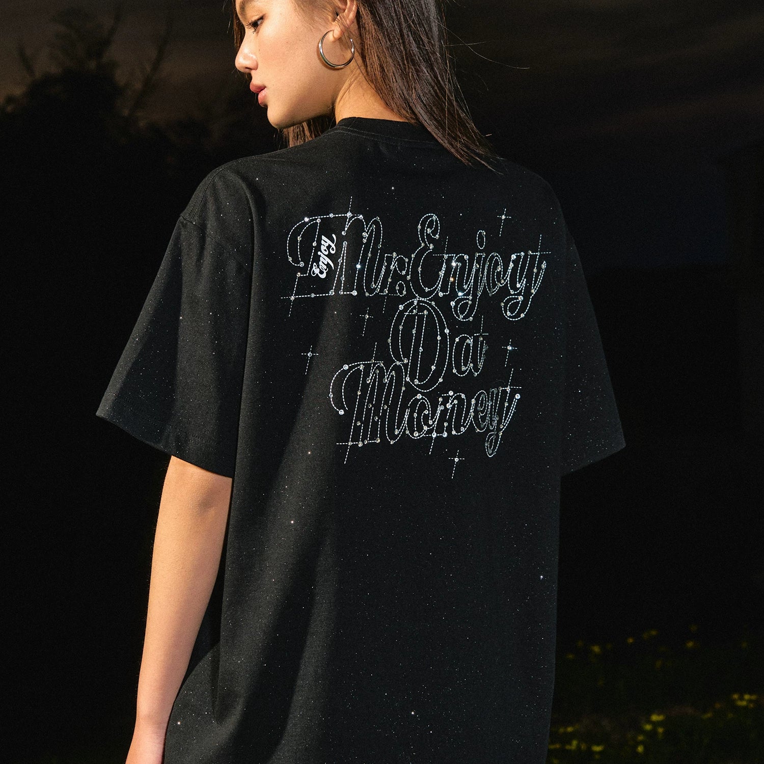 MEDM26SS Starry Sky Letter Diamond Technology Flash Point Fabric Short Sleeve Men's American Retro Leisure Summer T-shirt Women