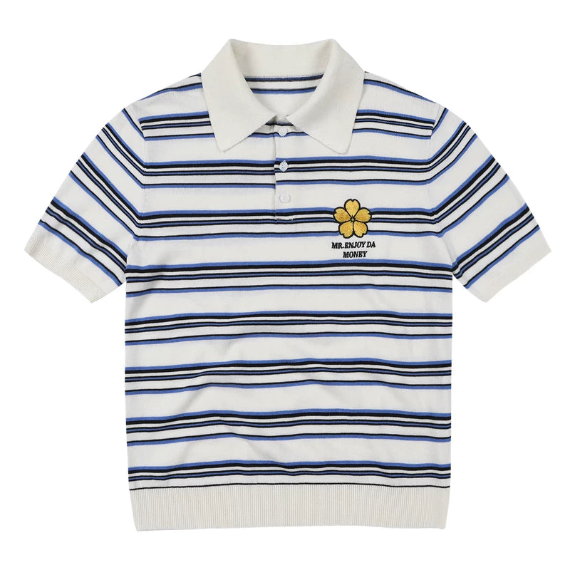 MEDM fine stripe three-dimensional small flower embroidery men's casual lapel polo knitted shirt loose short sleeved top summer