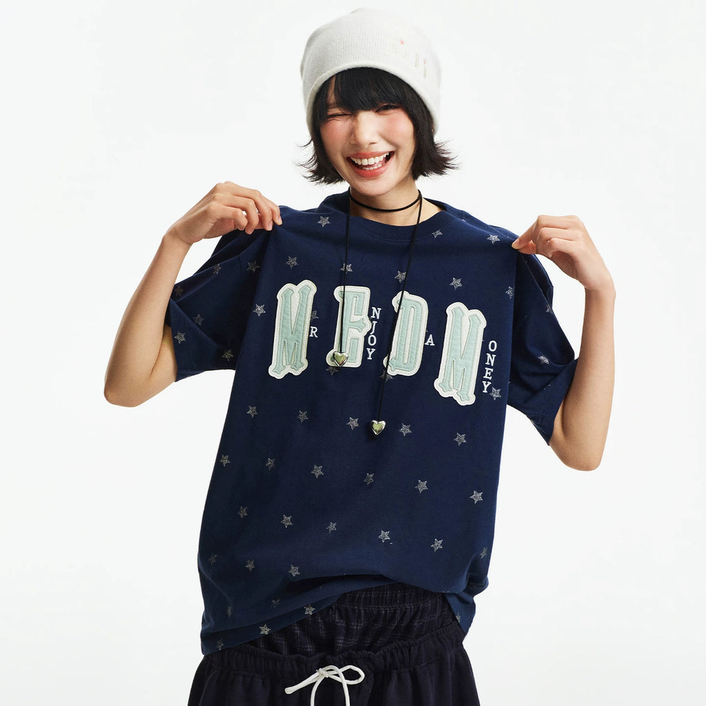 MEDM Sparkling Pink Little Star Full Print Double layer Leather Patch Embroidered Casual Round Neck Short Sleeve Washed Outdated Broken Hole T-shirt