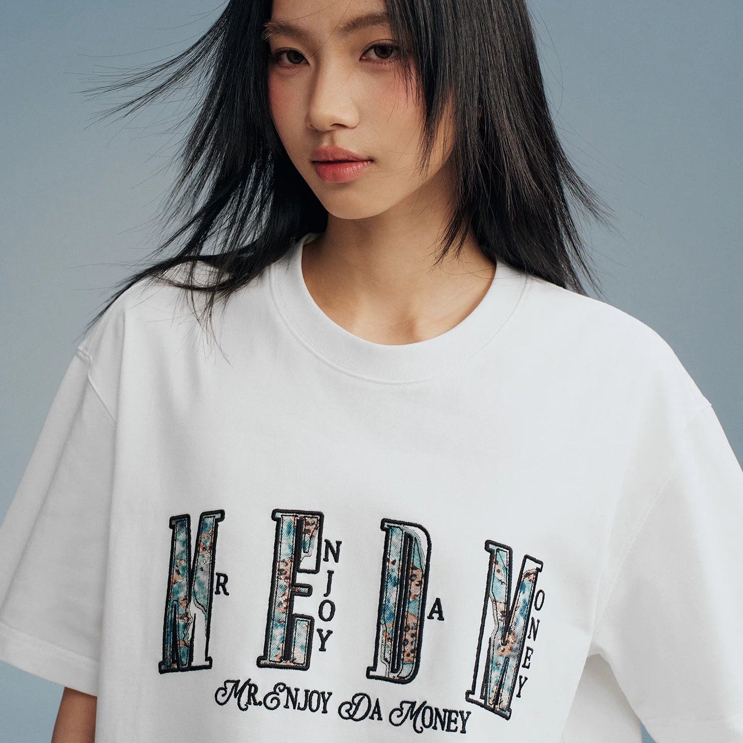 MEDM lace leopard print denim distressed logo sticker casual round neck T-shirt American street loose basic short sleeved shirt