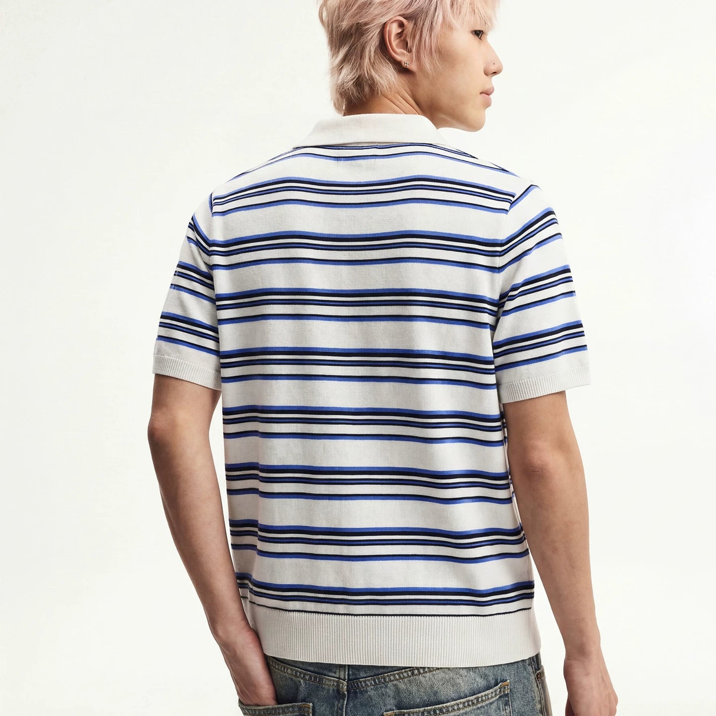 MEDM fine stripe three-dimensional small flower embroidery men's casual lapel polo knitted shirt loose short sleeved top summer
