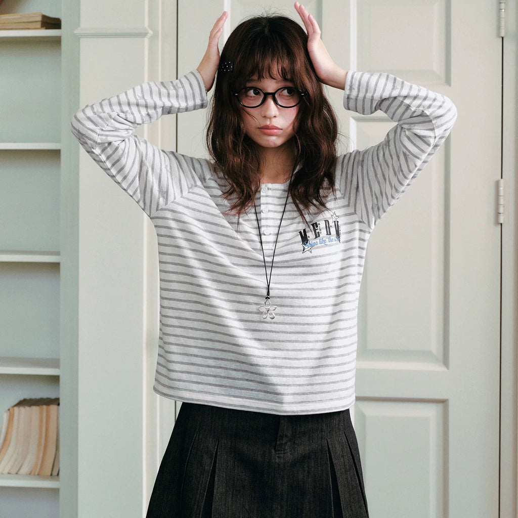 MEDM fine striped star raglan sleeves Henley shirt loose long sleeved T-shirt women's trendy soft girl style casual top
