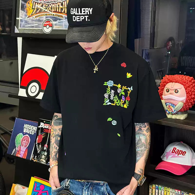MEDM Embroidered Flower Short Sleeve T-shirt for Men's Summer Trendy Brand Ins American Leisure High Street Versatile Couple Half Sleeve T-shirt
