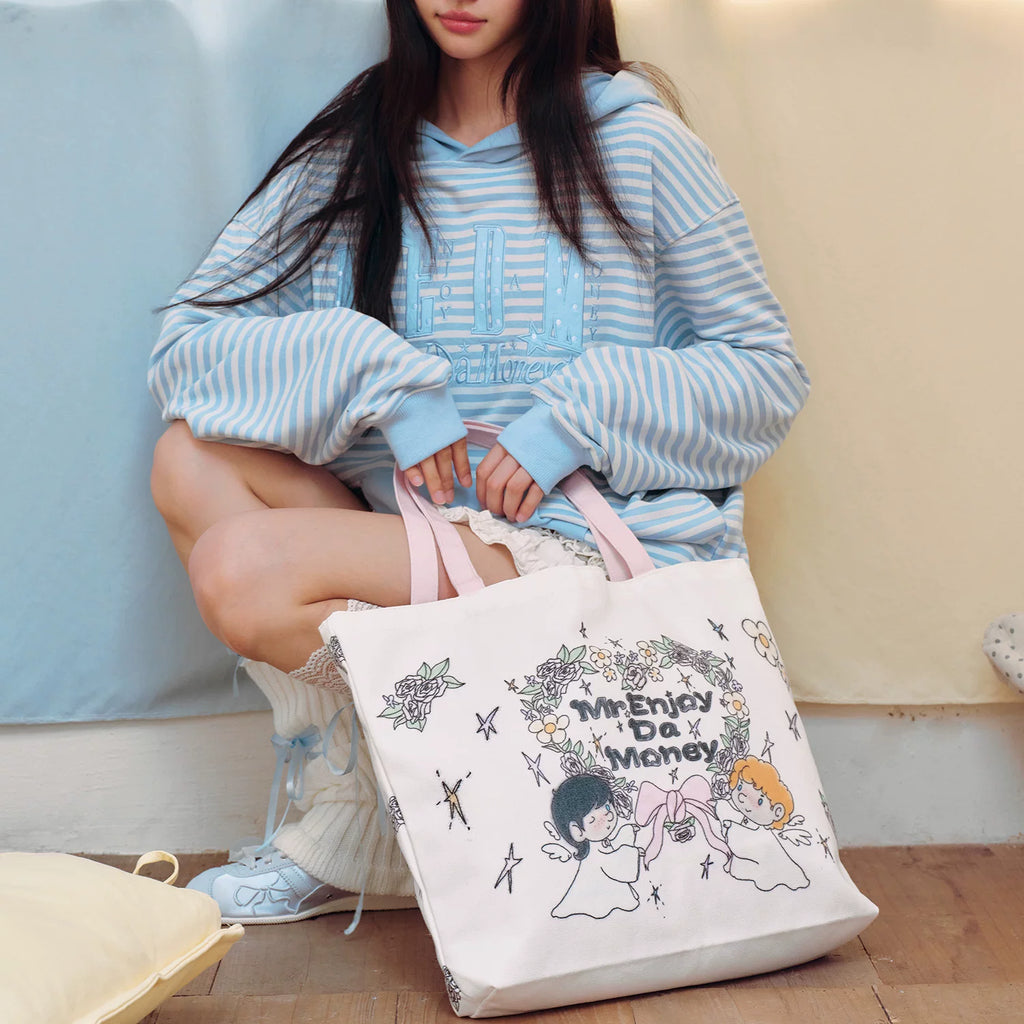 MEDM flower wreath, little angel digital printing, wear-resistant and casual large capacity canvas bag, personalized and cute style handbag