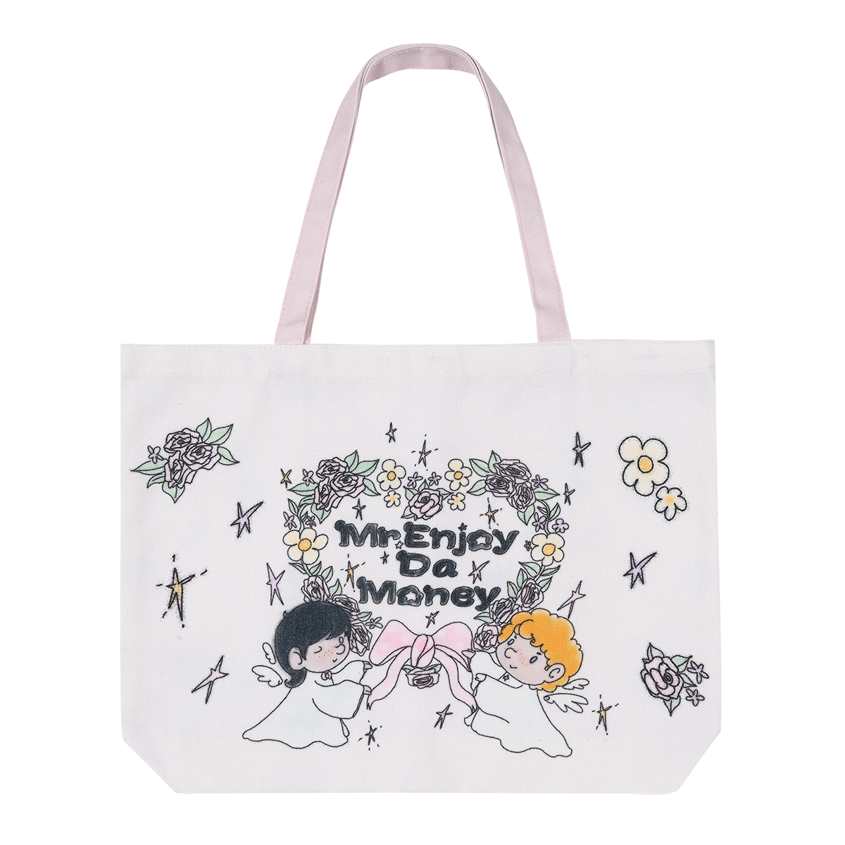 MEDM flower wreath, little angel digital printing, wear-resistant and casual large capacity canvas bag, personalized and cute style handbag