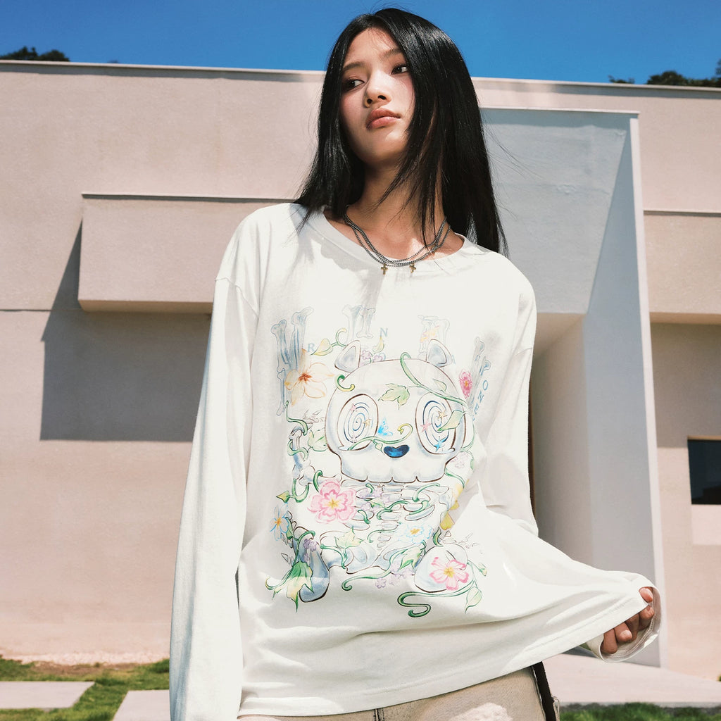 MEDM Skeleton Bear Vine Flower Printed Round Neck Casual Long Sleeve T-shirt Trendy and Comfortable Men's and Women's Top for Spring and Summer