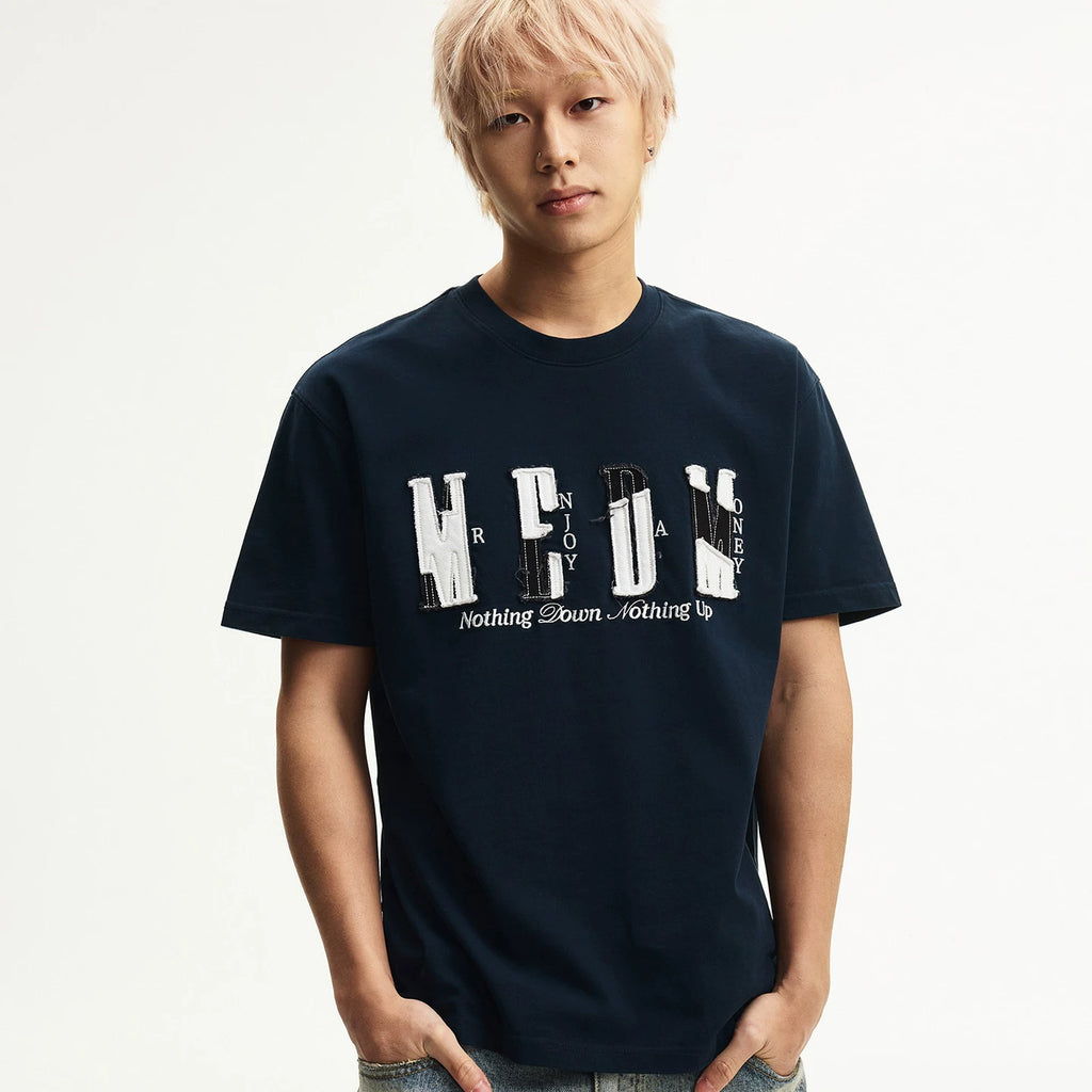 MEDM color blocking patch destroys letter logo embroidery casual round neck short sleeved trendy versatile loose couple T-shirt