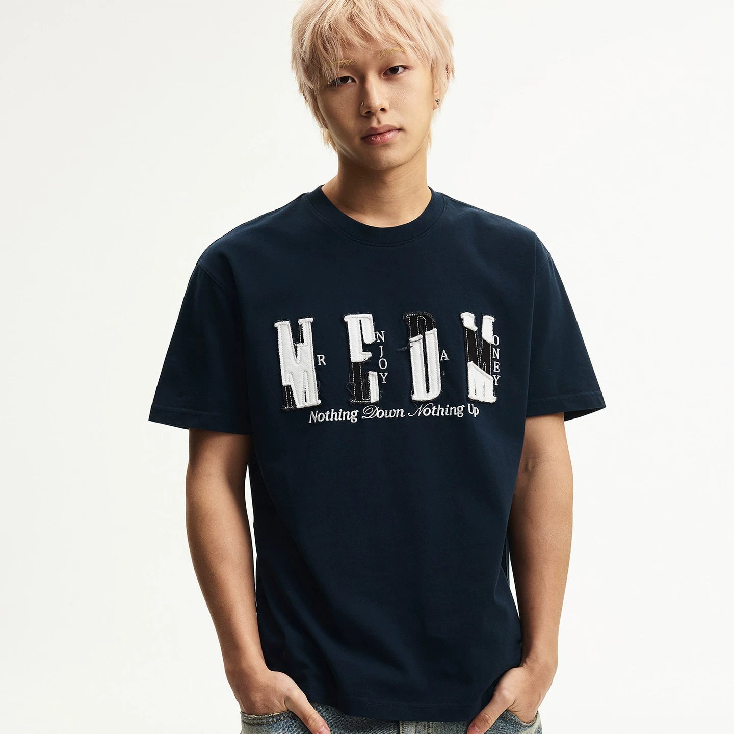 MEDM color blocking patch destroys letter logo embroidery casual round neck short sleeved trendy versatile loose couple T-shirt