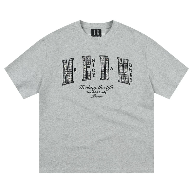 Shen Yue's same MEDM26SS small fragrance filled pearl letter short sleeved T-shirt for men's summer American style T-shirt