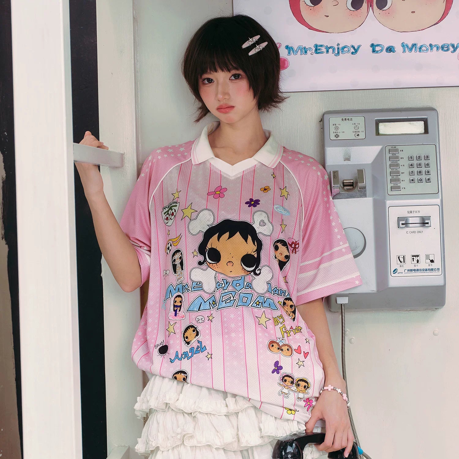 MEDM × YUY Jade Collaboration - Pattern Printed Letter Embroidered Casual Collar Jersey Short Sleeve Versatile Sweet Cool T-shirt