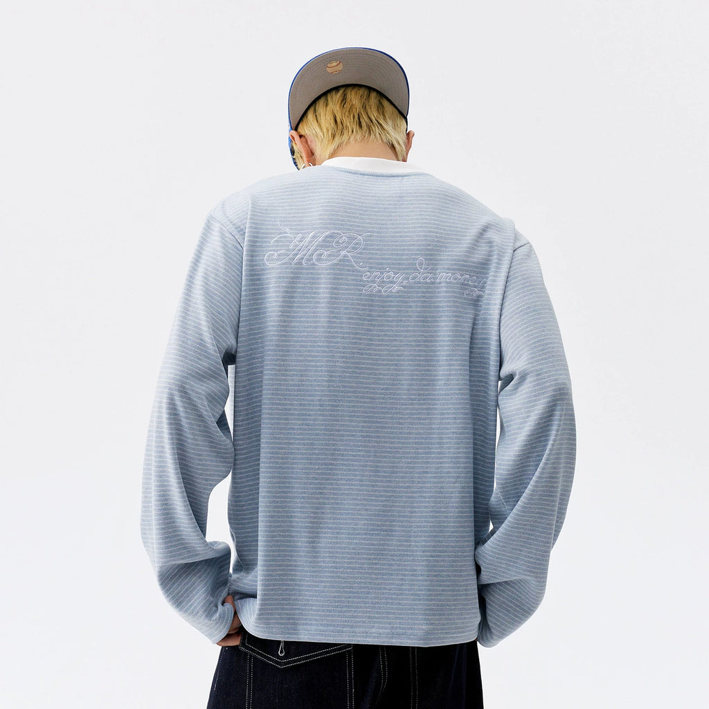 MEDM letter embroidery Henry collar striped casual long sleeved T-shirt for spring and autumn American versatile loose fitting men and women's top t