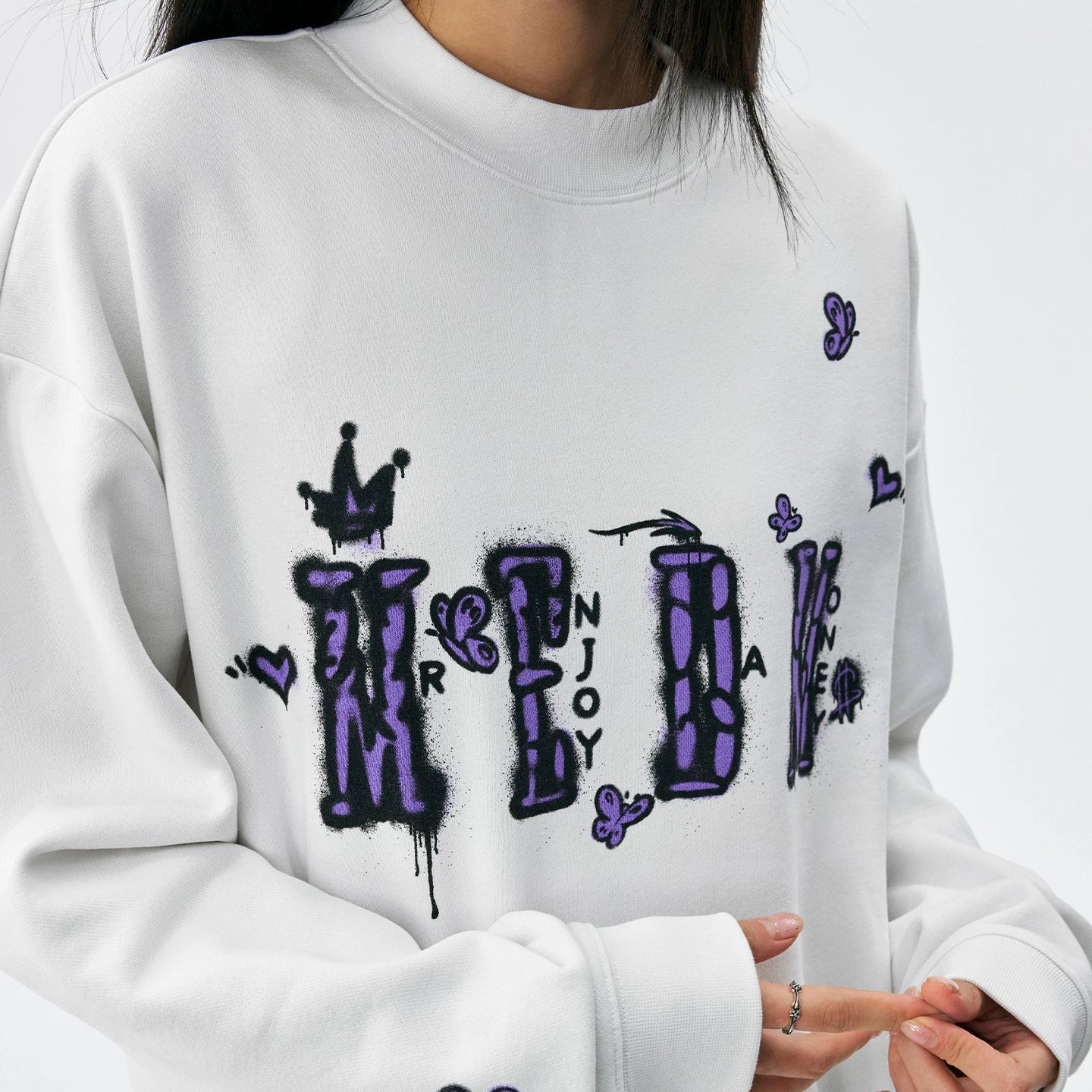 MEDM Graffiti Printed Logo Casual Round Neck Hoodie Autumn/Winter American Street Color Contrast Plus Velvet Couple Top