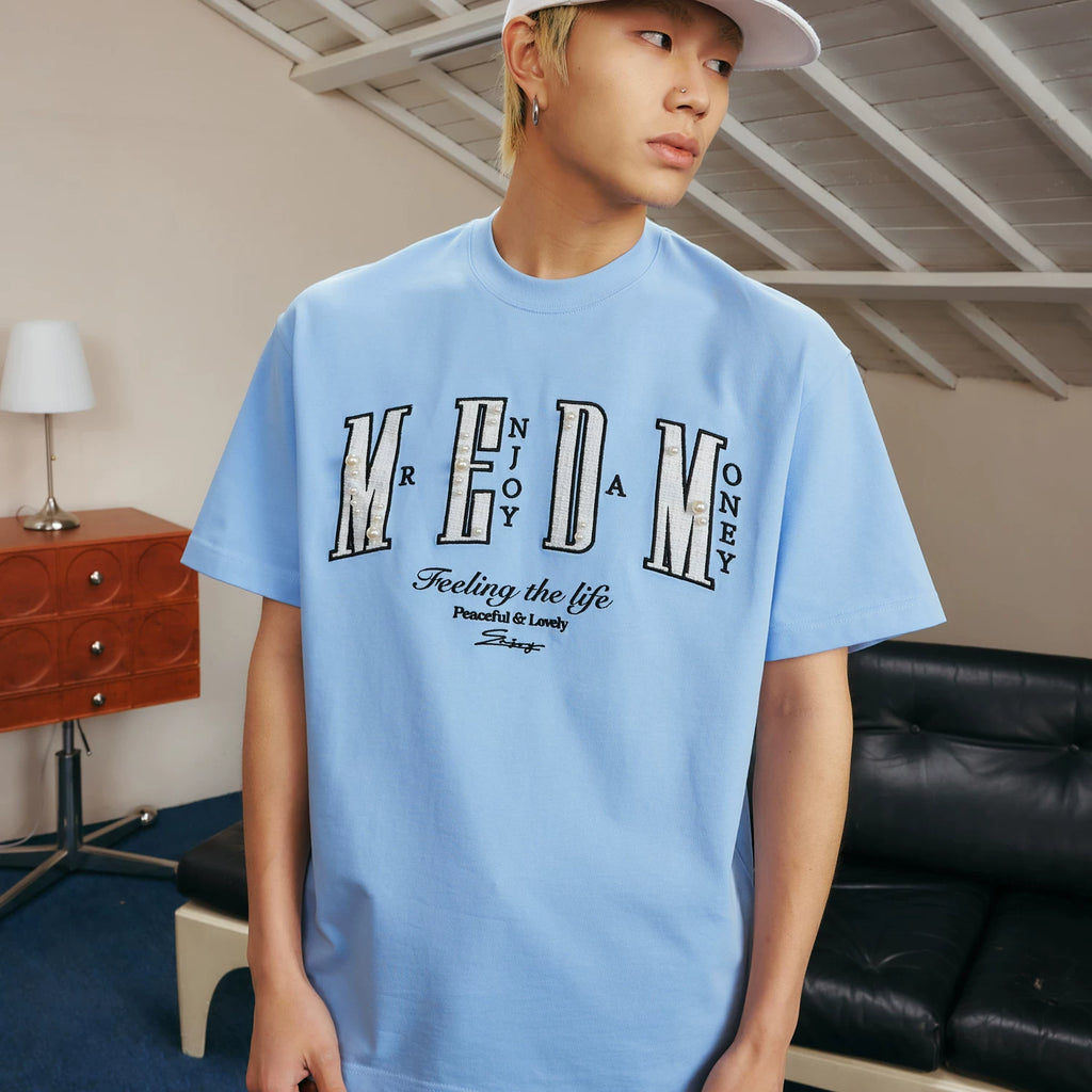 Shen Yue's same MEDM26SS small fragrance filled pearl letter short sleeved T-shirt for men's summer American style T-shirt