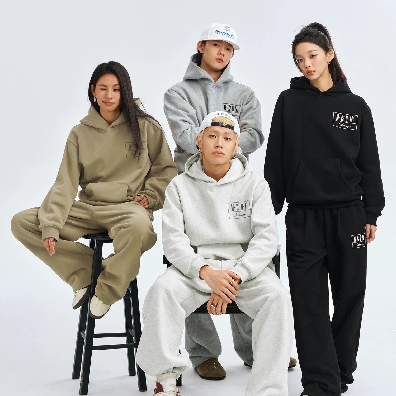 MEDM floral embroidered hooded sweatshirt men's cleanfit thick fleece curved knife sweatpants American casual suit