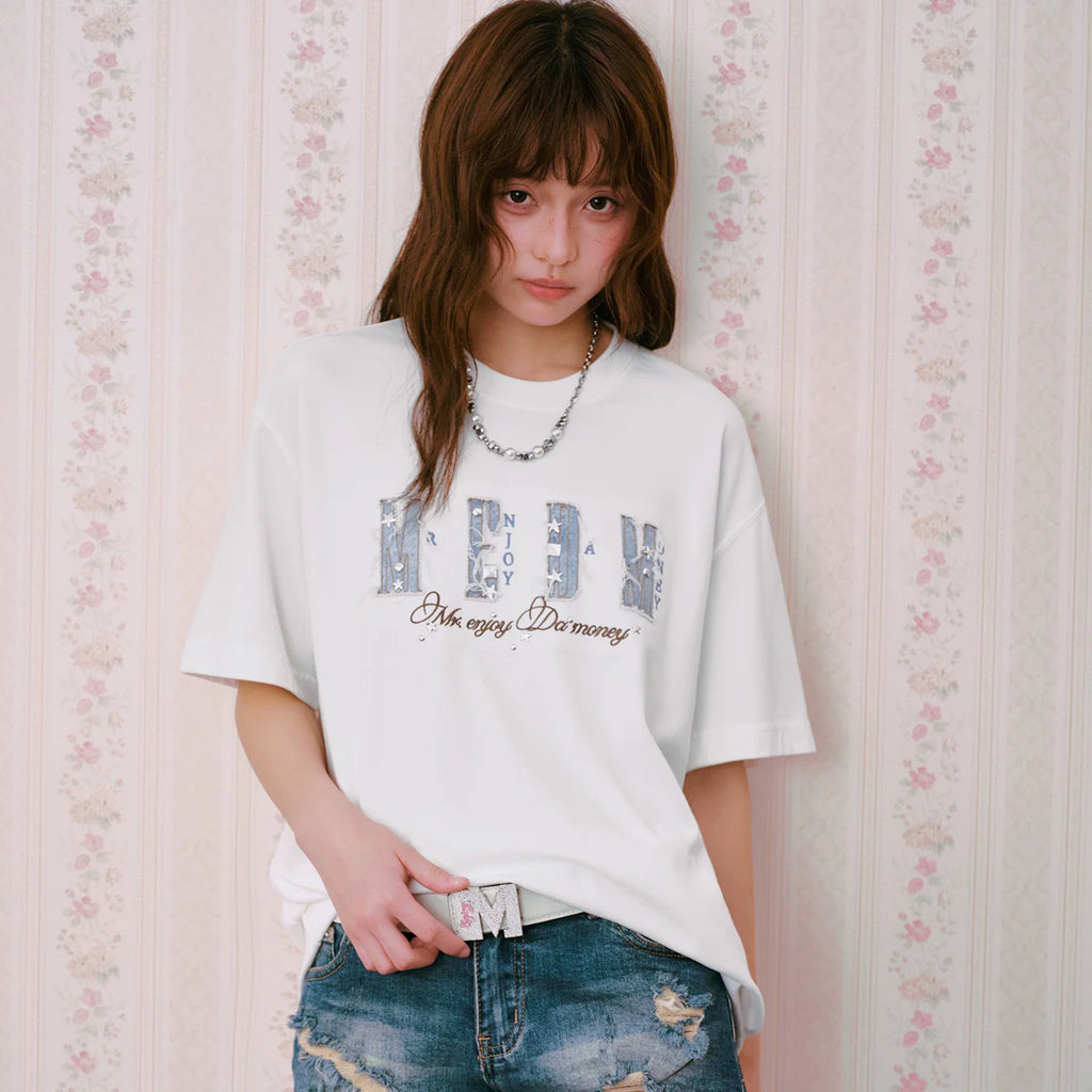 MEDM Retro Cowboy Patchwork Embroidered and Blanched Alien Diamond Casual Round Neck T-shirt Trendy Versatile Loose Couple Short Sleeve Summer