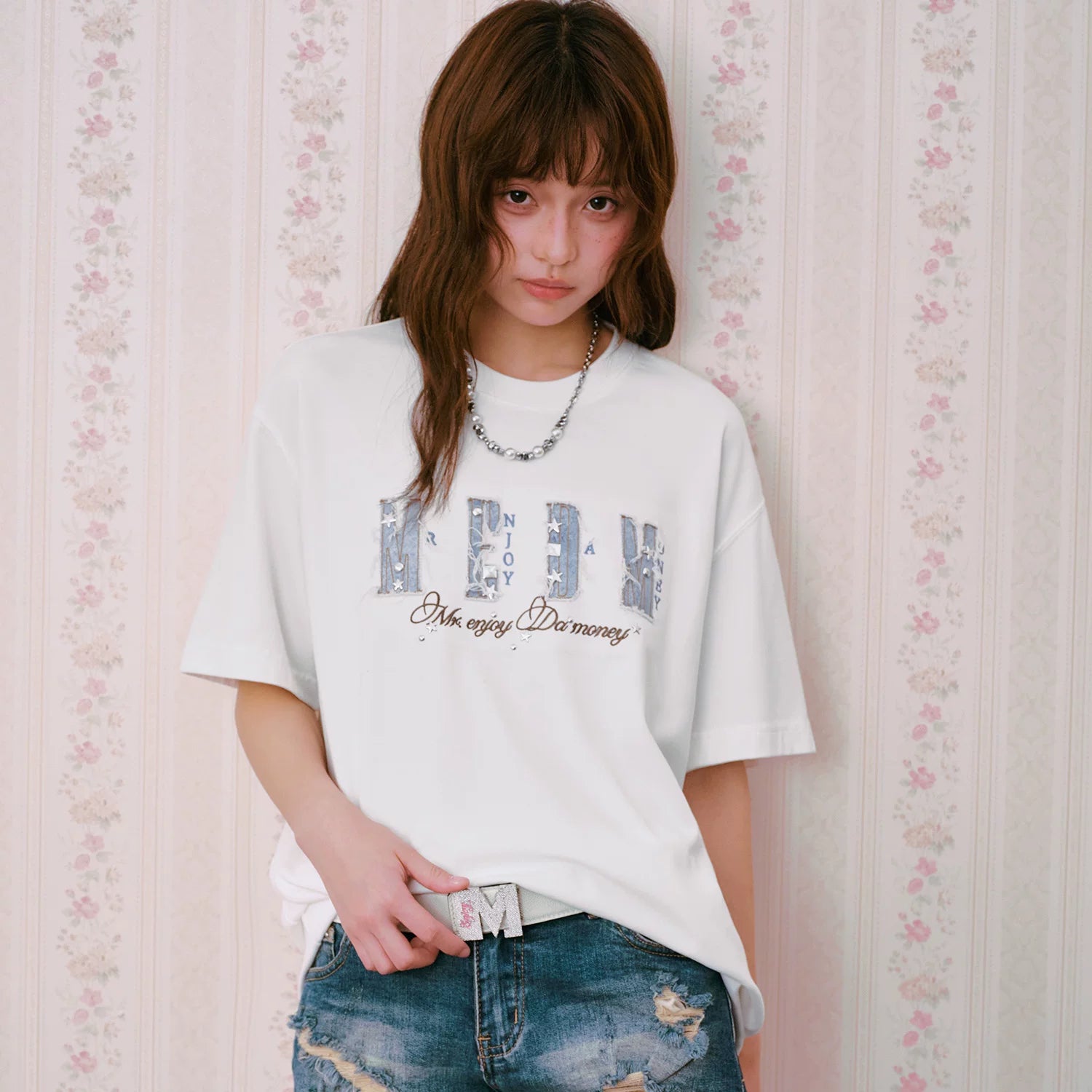 MEDM Retro Cowboy Patchwork Embroidered and Blanched Alien Diamond Casual Round Neck T-shirt Trendy Versatile Loose Couple Short Sleeve Summer