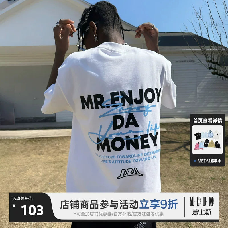 MEDM Summer Graffiti Letter Printed Short Sleeve T-shirt for Men and Women, American High Street Retro Casual Half Sleeve T-shirt