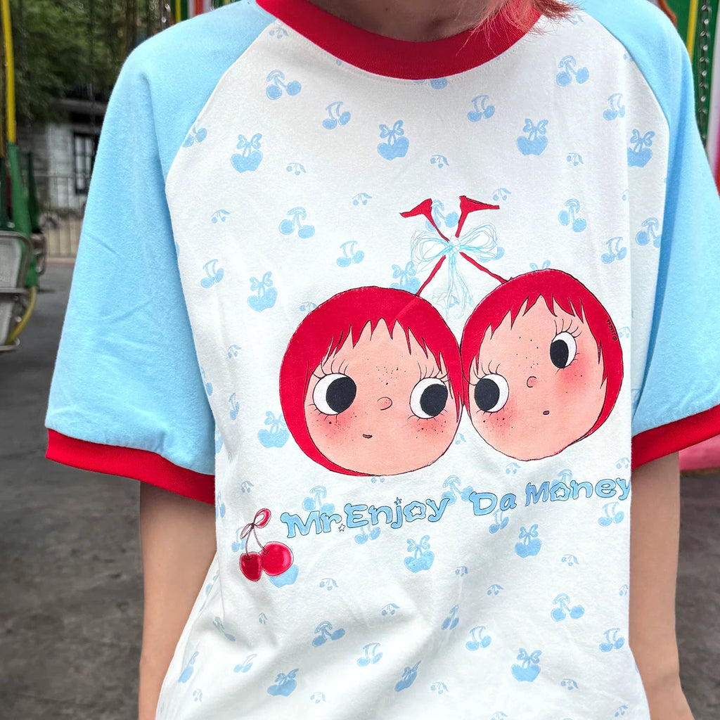 MEDM × YUY Jade Collaboration - Cherry Small Edition Shoulder Insertion Full Print Color Contrasting Casual Round Neck Short Sleeve Trendy Couple T-shirt