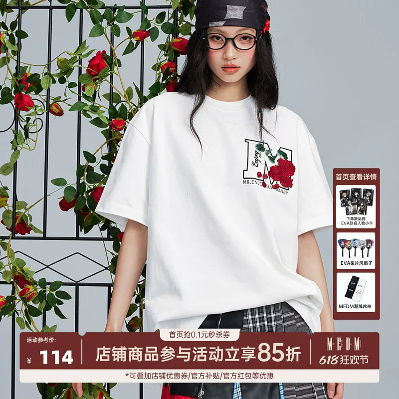MEDM26SS large M rose flower short sleeved T-shirt for men, 2026 new American summer top, trendy brand casual T-shirt
