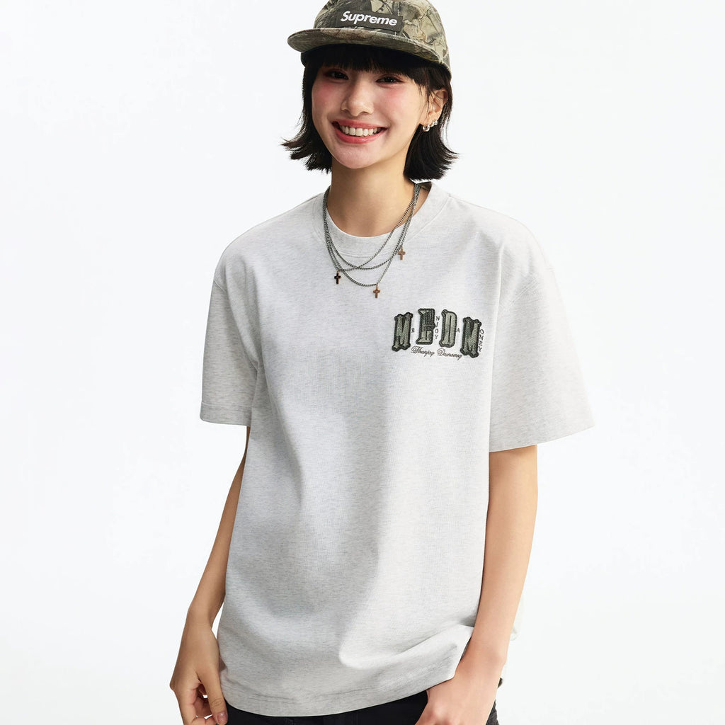 MEDM Basic Micro Wide Double Layer Leather Casual Round Neck Short Sleeve American Retro Street Versatile Loose T-shirt for Men and Women