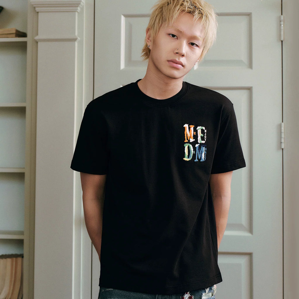 MEDM Woolen Embroidered Logo Casual Round Neck T-shirt American Street Loose Shoulder Men's and Women's Short Sleeves Summer