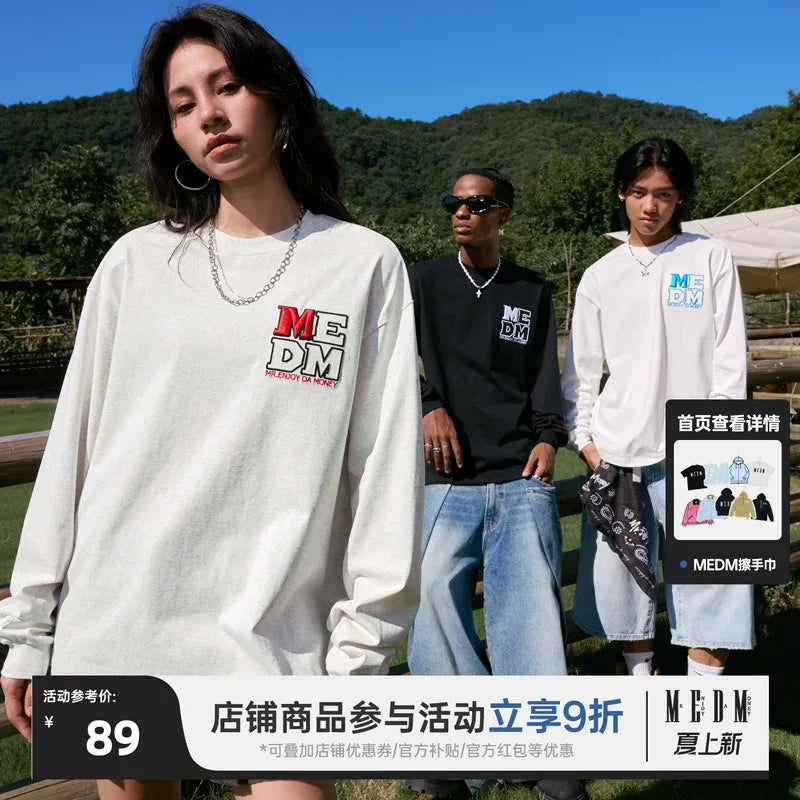 MEDM Emblem Embroidered Alphabet Basic Long Sleeve T-shirt Spring and Autumn Round Neck Loose Spring and Autumn Versatile Couple Trendy Tee