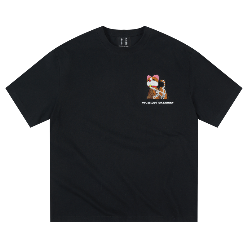 MEDM Pet Kitten Toothbrush Embroidery Velcro Short Sleeve Casual T-shirt Simple and Versatile for Men and Women Couple Short Tee