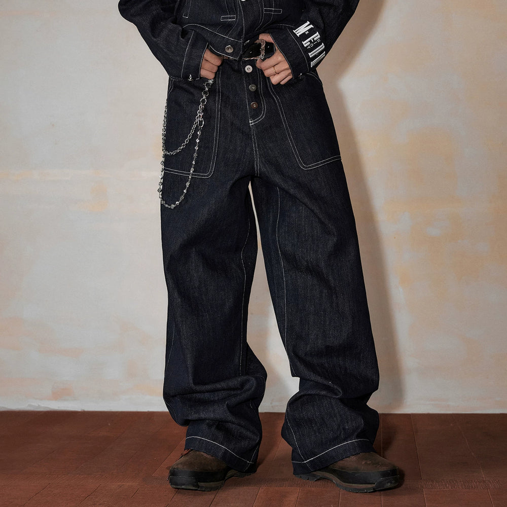 MEDM Original Niu Ming Line Solid Color Wide Leg Loose Jeans Men's Autumn American Street Retro Style Straight Tube Long Pants