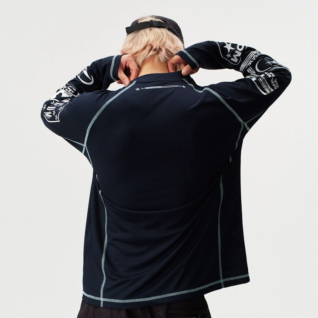 MEDM combination letter logo print contrasting bright line sports long sleeved T-shirt trendy outdoor casual quick drying top