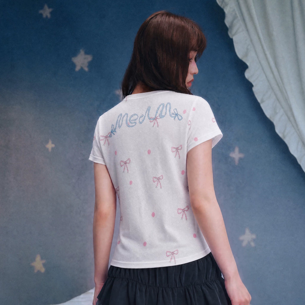 MEDM × Iria mailbox collaboration mailbox bow double printed logo slim fit short sleeved casual T-shirt for women