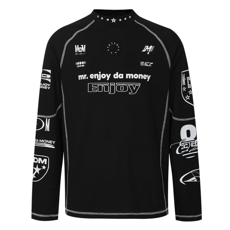 MEDM combination letter logo print contrasting bright line sports long sleeved T-shirt trendy outdoor casual quick drying top