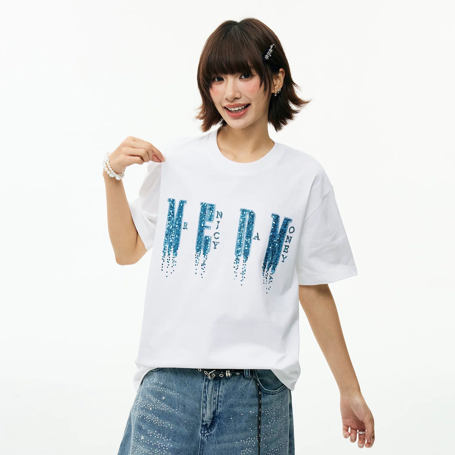 MEDM chest letter bead phantom casual round neck T-shirt trendy street style unisex loose short sleeved summer