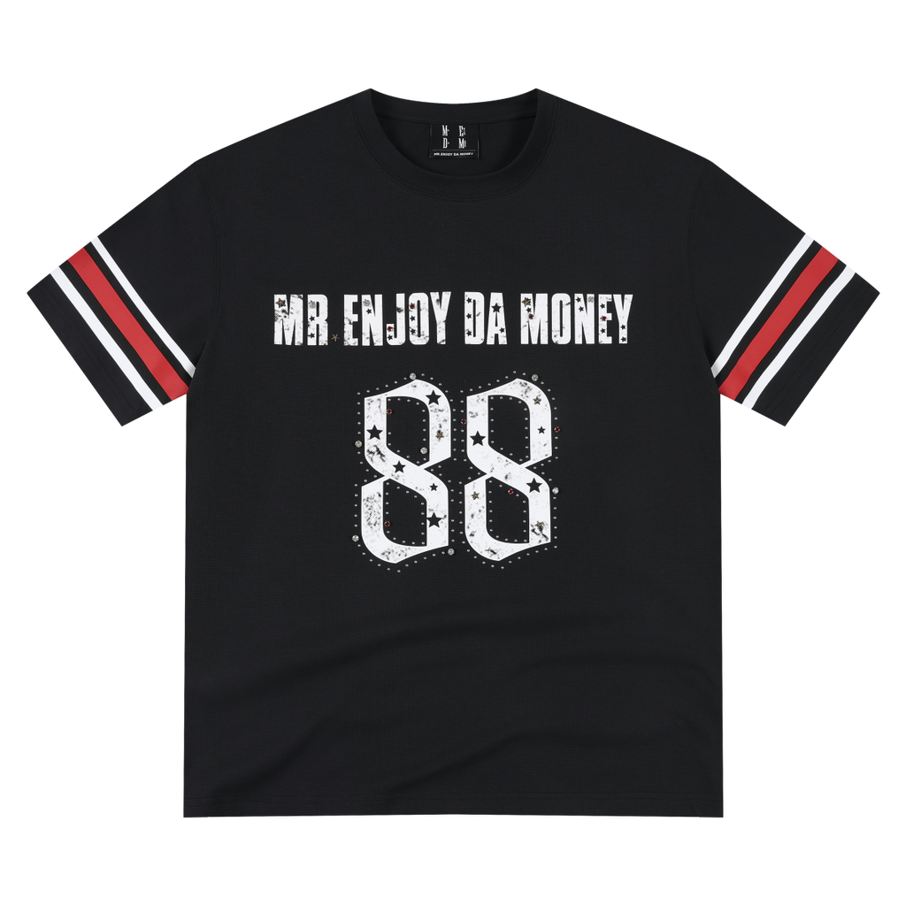 MEDM star studded bead contrasting striped quick drying casual retro jersey loose antibacterial short sleeved T-shirt for men and women