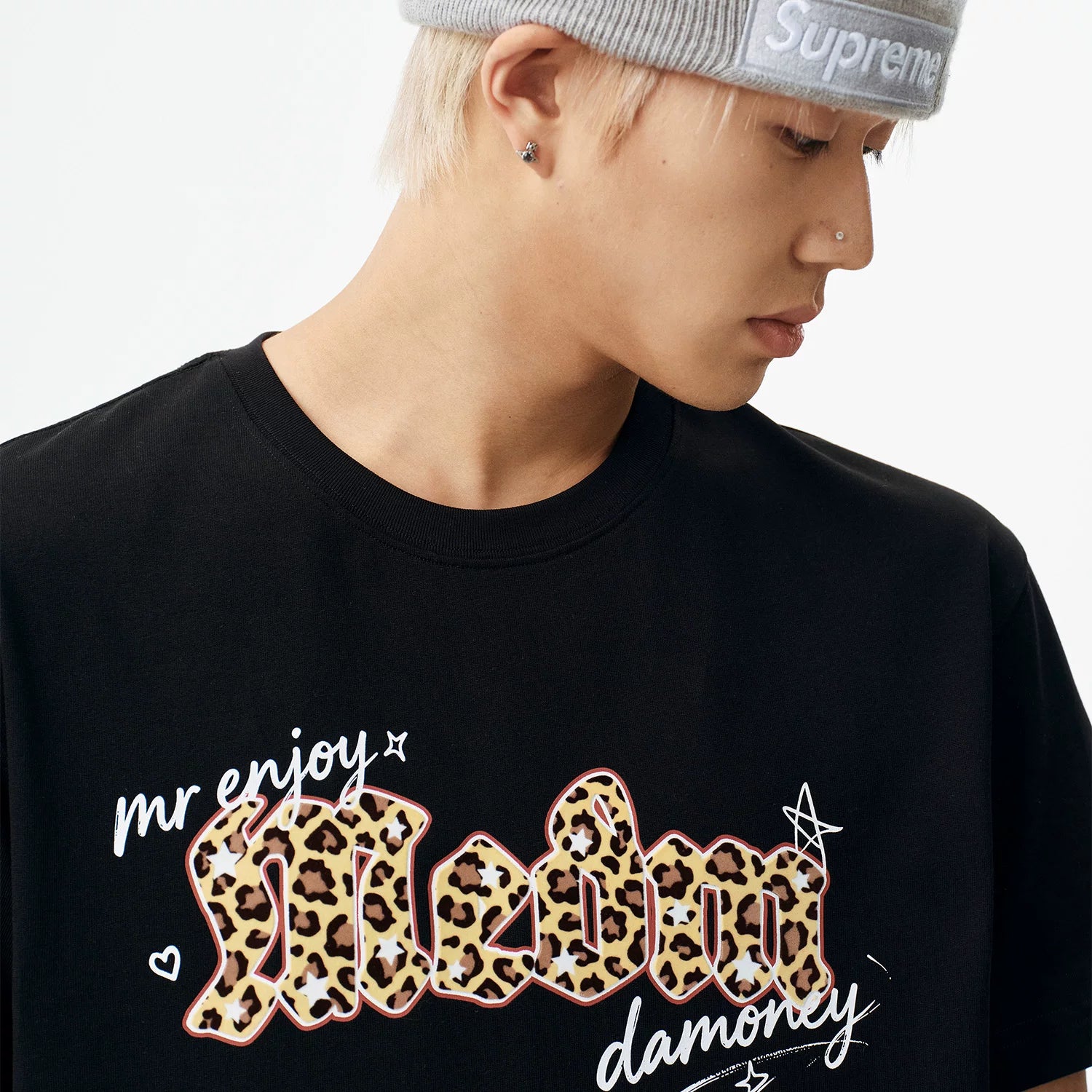 MEDM leopard print Gothic graffiti patch casual round neck short sleeved American street style unisex loose T-shirt summer