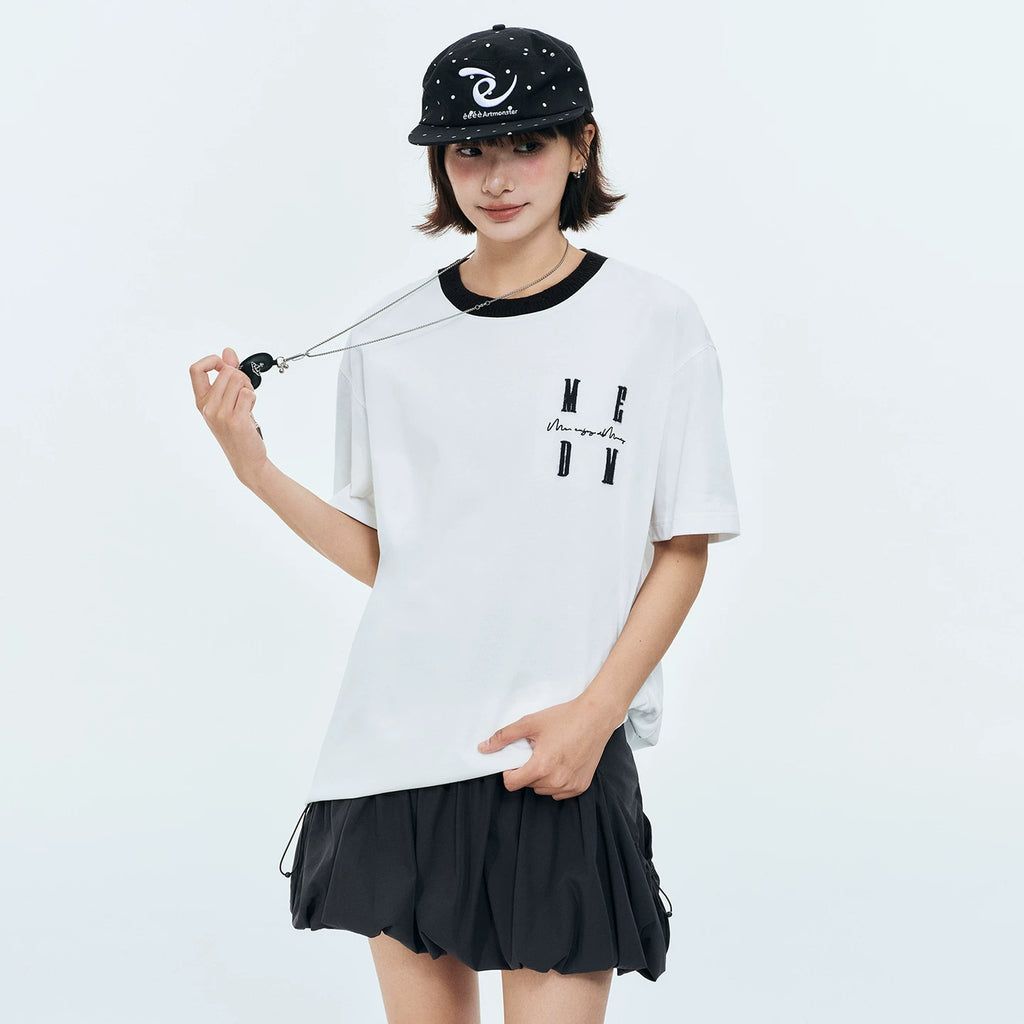 MEDM new color blocking knitted round neckline casual T-shirt trend versatile letter embroidery loose couple short sleeved summer