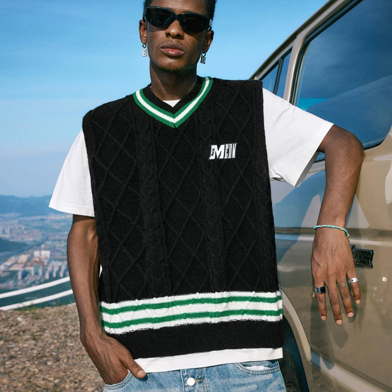 MEDM V-neck embroidered sleeveless sweater for spring and autumn, versatile for men and women, couple style, trendy college style vest, knitted sweater