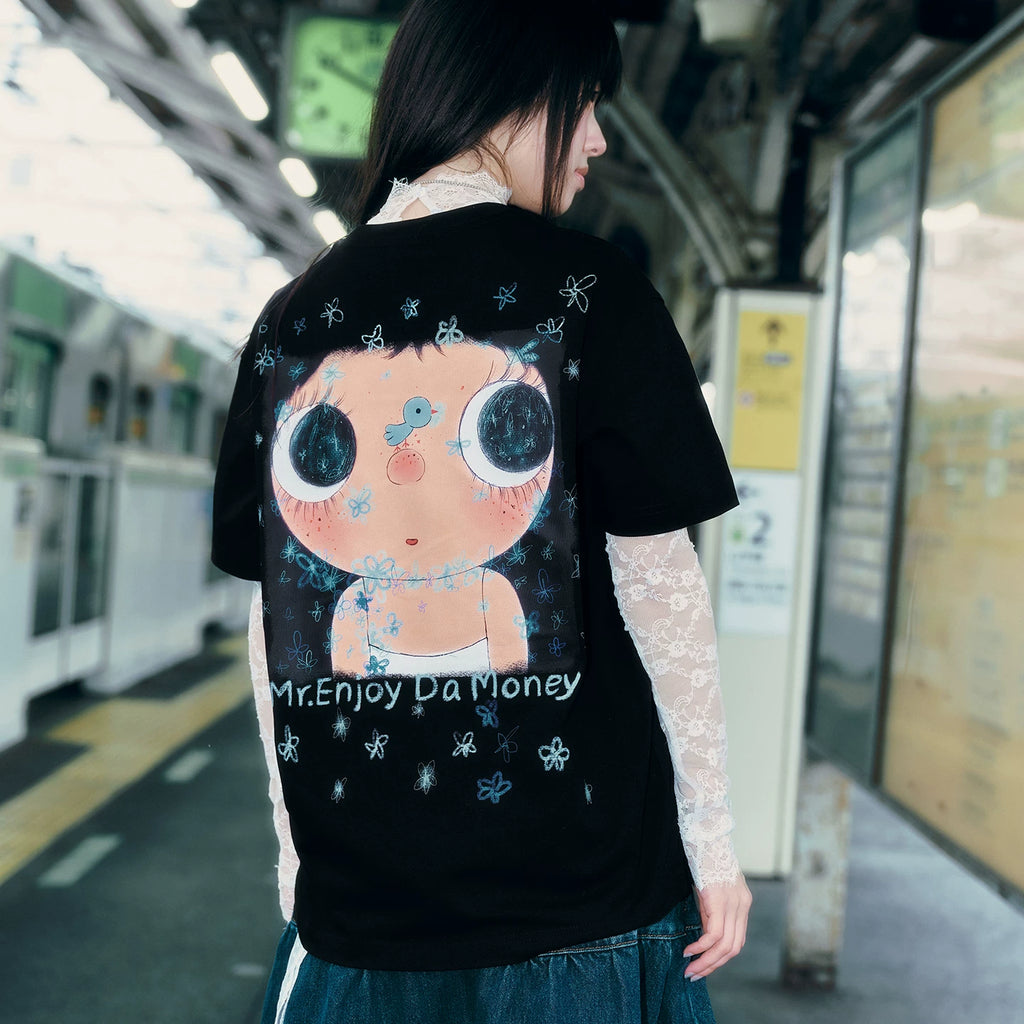MEDM × YUY Jade Collaboration - Blue Flower Embroidered Logo Back Large Print Casual Short Sleeve Round Neck T-shirt