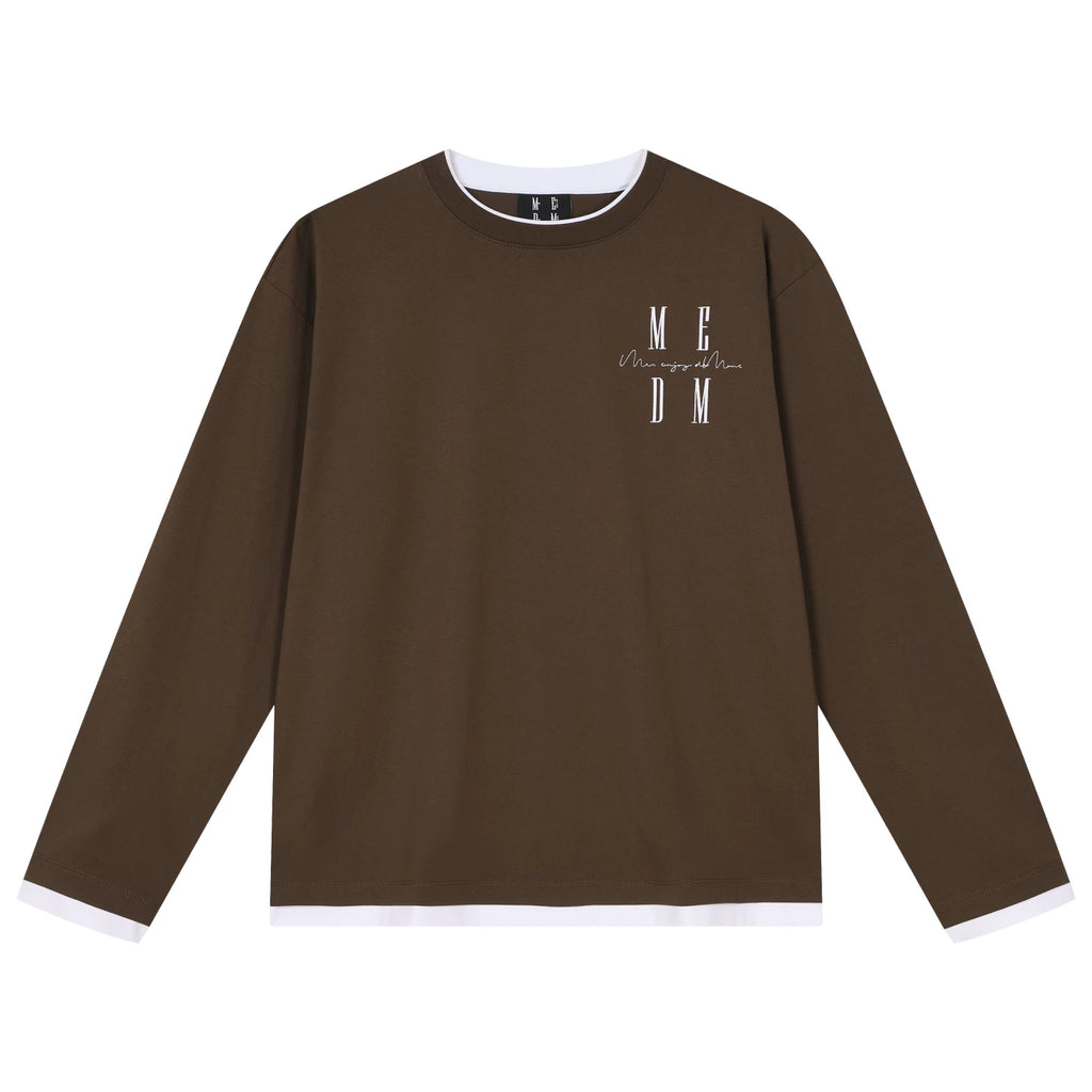 MEDM Simple and Versatile Fake Two Piece Round Neck Casual Long Sleeve T-shirt Embroidered Logo Loose and Slim Couple Top Autumn
